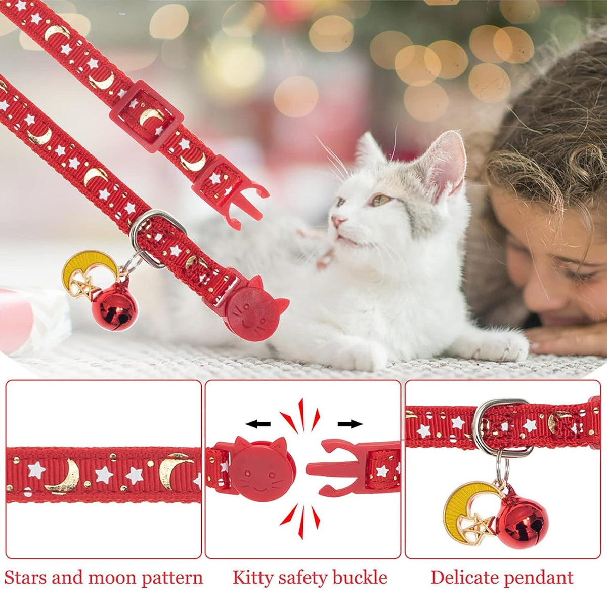 KOOLTAIL Glow in The Dark Cat Collar Breakaway with Bells,6 Pack Moonlight Cute Kitten Collars, Personalized Reflective Safety Buckle Stars&Moon Charm Pet Collars for Kitty Boys Girls, Pink Purple