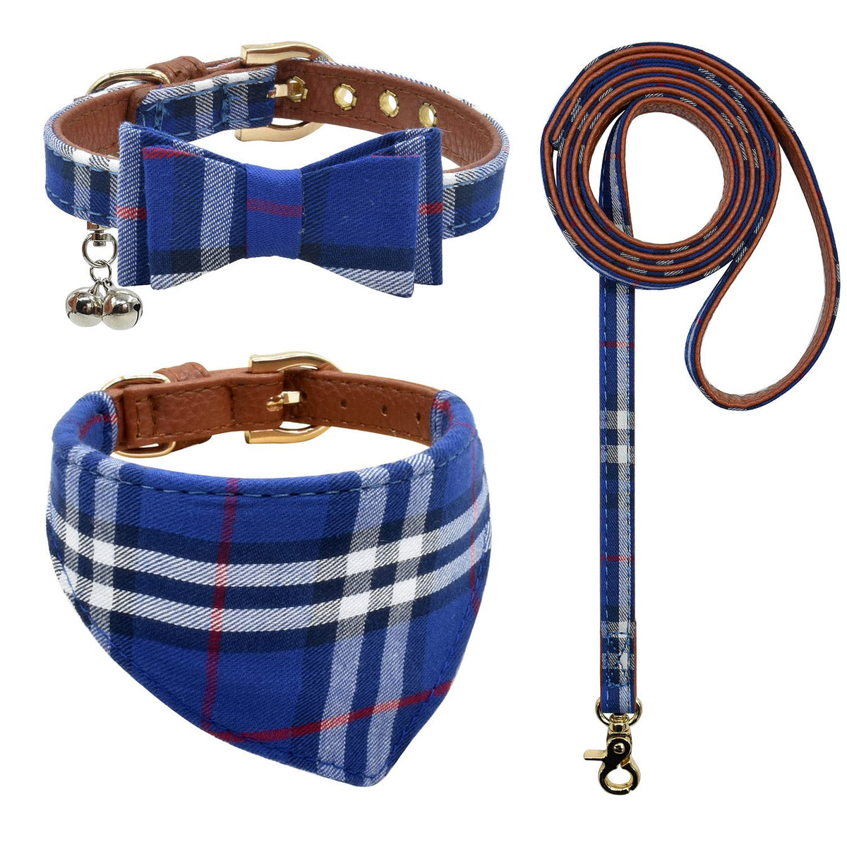 3PCS Bow Tie Dog Collar and Leash Set Plaid/Camo/Dots/Flower Dog Bandanas with Bell 3 Size Adjustable for Small Dogs Puppies and Cats (XS, Orange Plaid)