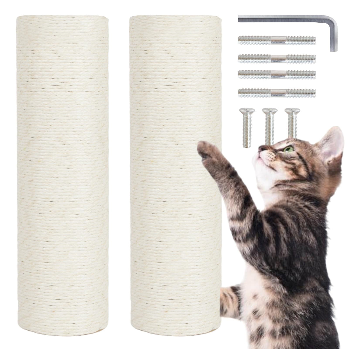 PowerKing Natural Sisal Replacement Scratching Post, 15.7'' 2 Pieces M8 Cat Scratch Post Refill Pole Parts for Refurbishment, Include Screws (White)