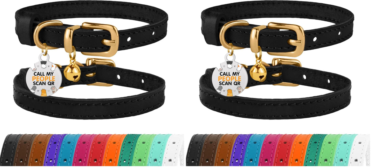 Leather Cat Collar, Removable Bells, QR Tag (9-12", Black & Gold)