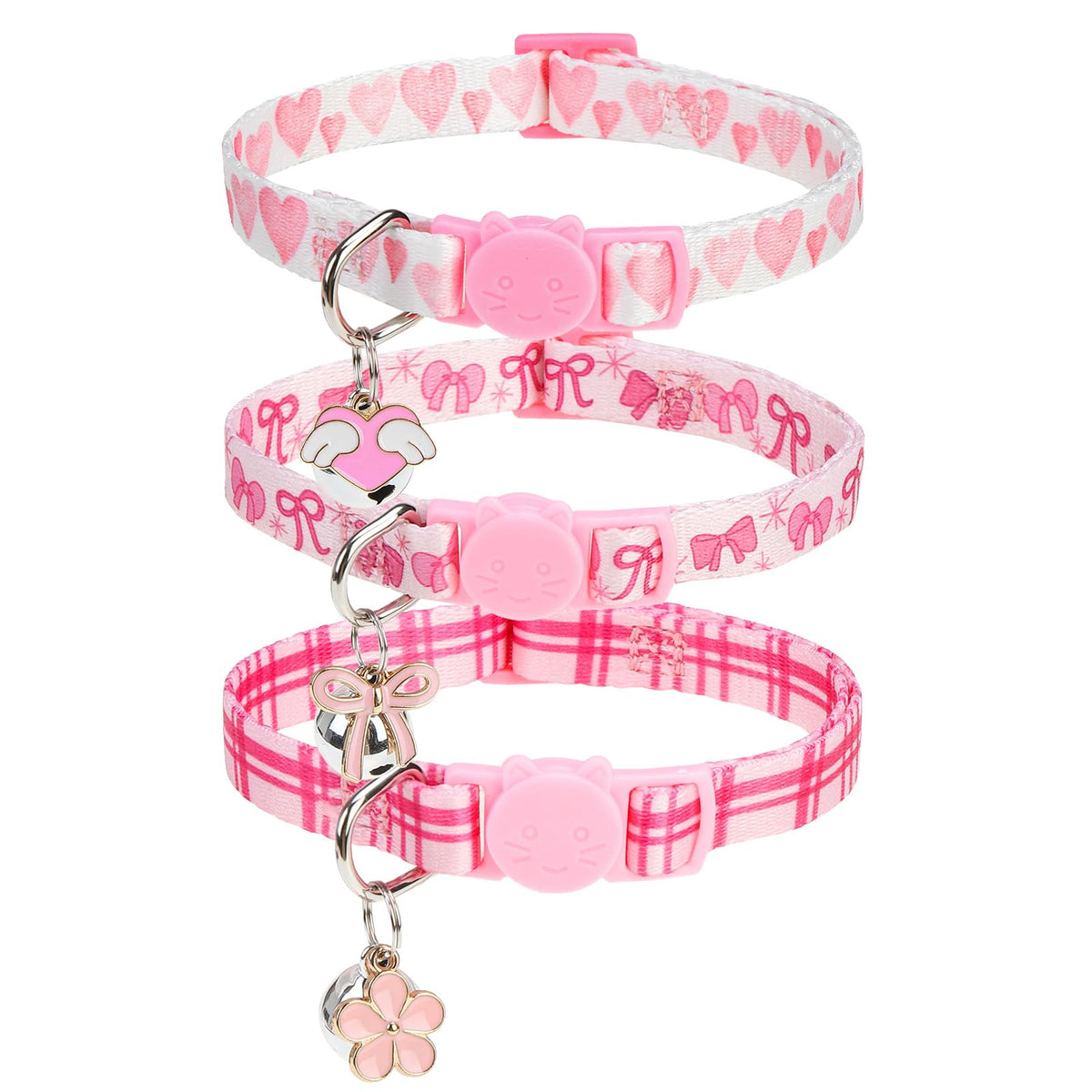 SCENEREAL Breakaway Cat Collar with Bells, 3 Pack Spring Pink Cats Collars with Safety Buckle, Soft Adjustable Cute Kitten Puppy Personalised Summer Collars for Dogs Girl Boy