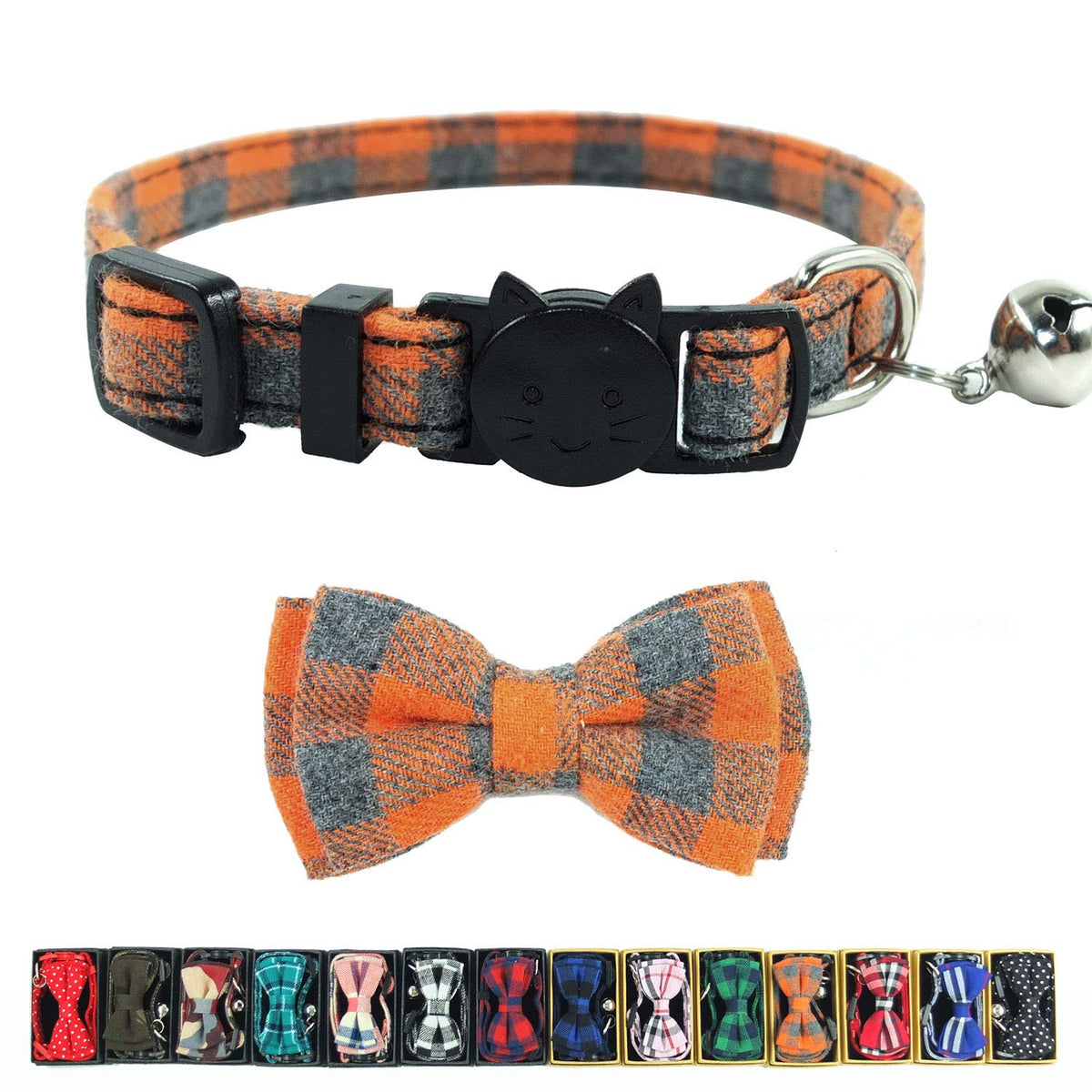 Cat Collar Breakaway with Bell and Bow Tie, Plaid Design Adjustable Safety Kitty Kitten Collars Set of 2 PCS (6.8-10.8in) (Green&Orange Plaid)