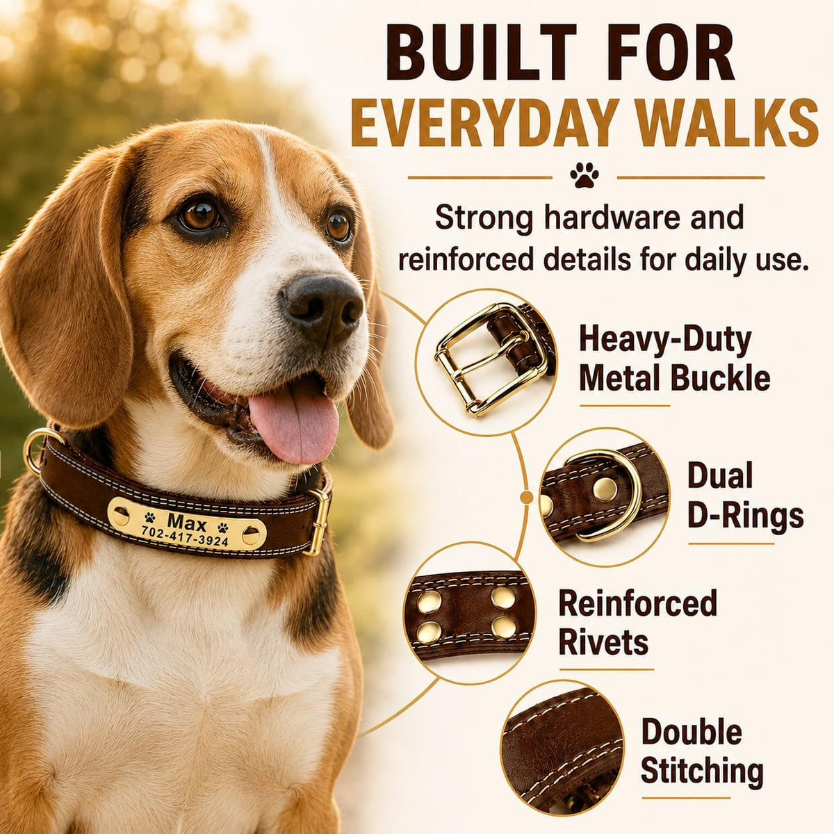 Personalized Dog Collar - Custom Leather Dog Collar with Engravable Nameplate - Durable Name Tag Collar - Customizable Dog Collar - Comfortable ID Collars for Small, Medium, Large Dogs (Medium)