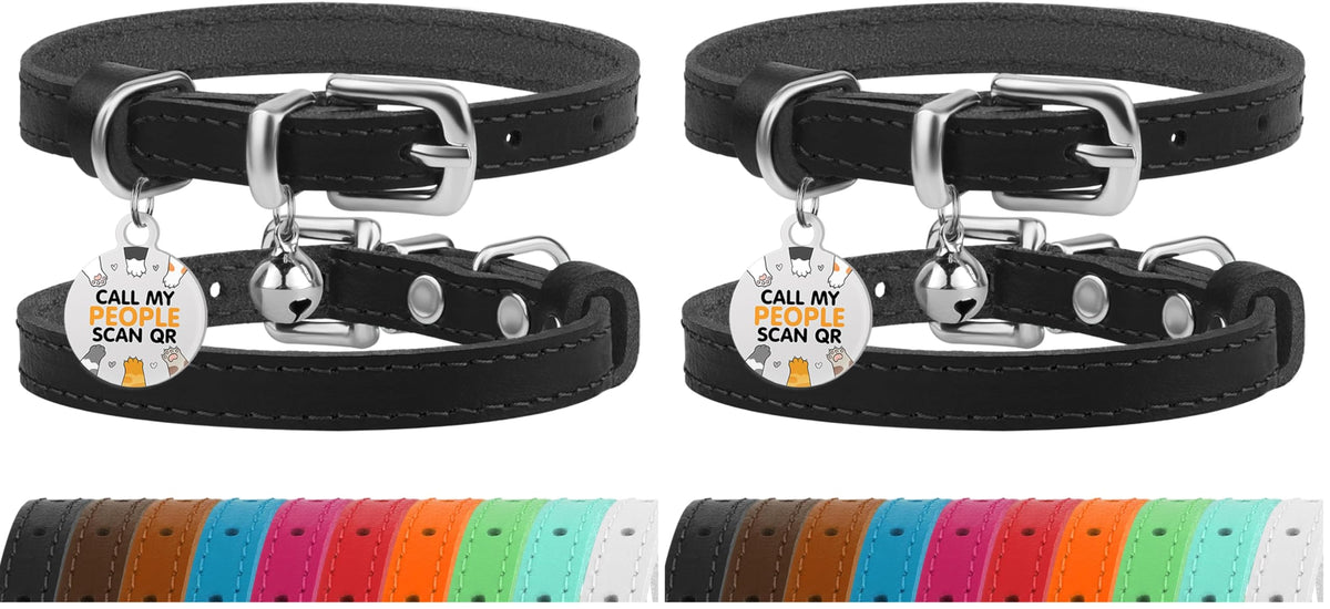 Leather Cat Collar, Removable Bells, QR Tag (9-12", Black & Gold)