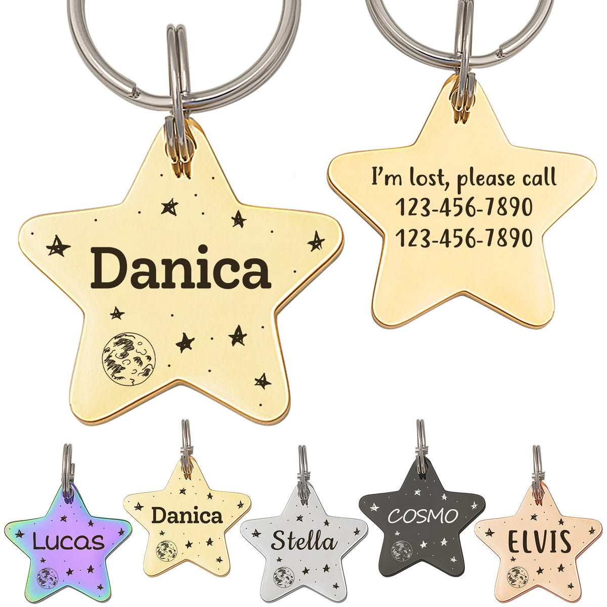 Anavia Starry Sky Theme Pet ID Tags in Half Moon & Star Shape, Personalized Dog Name Tag Cat Tag, Glossy Stainless Steel Gold Plated Black Rainbow Dog Collar Tag (Medium, Star Shape, Black)
