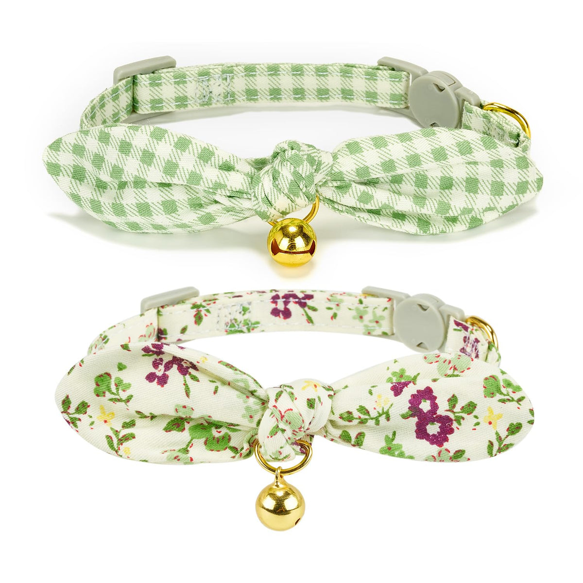 Bowtie Cat Collar with Bell, 2 Pack Cotton Breakaway Kitten Collars with Removeable Bow Stylish Cat Collars, Gradient Plaid & Polka Dot Blue