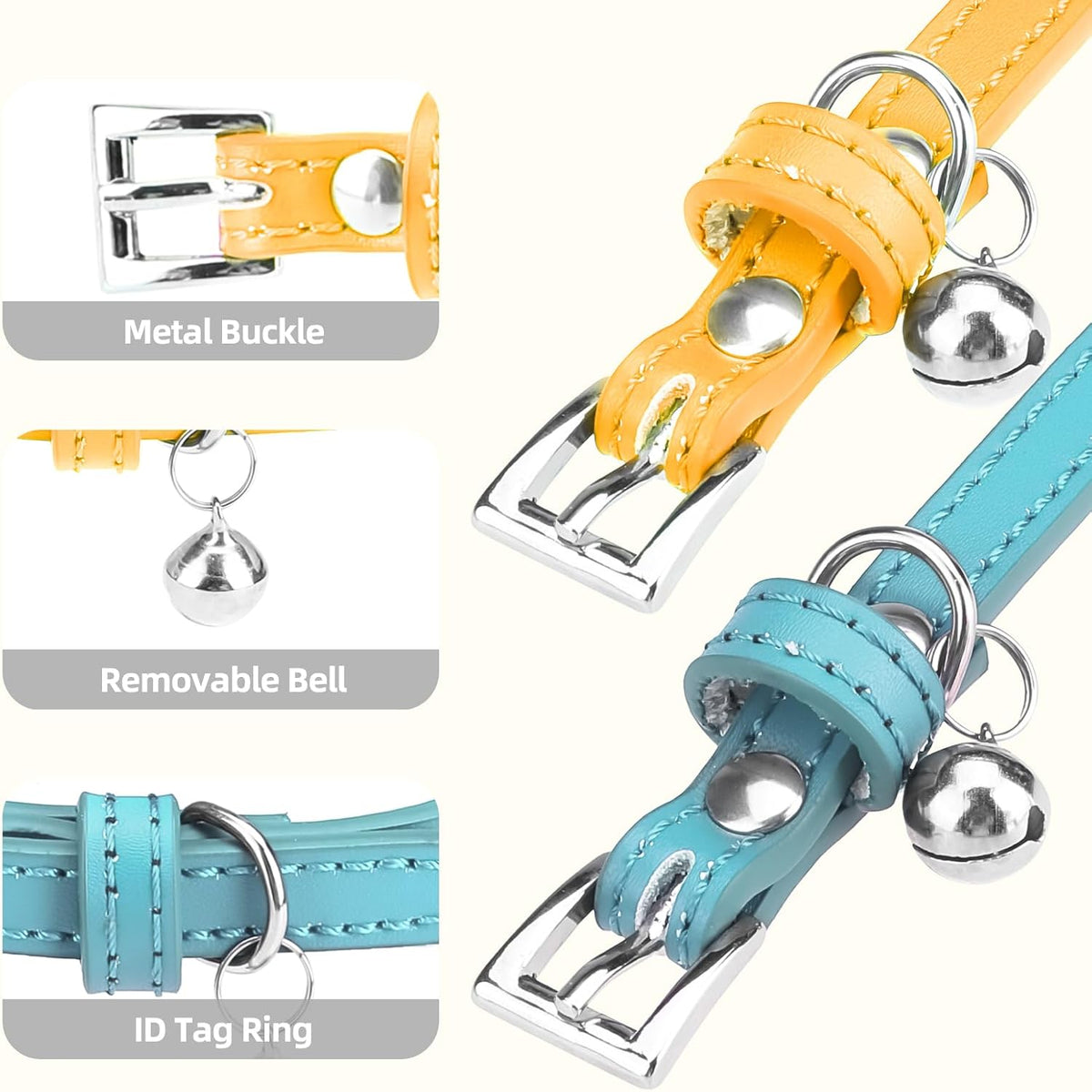 PUPTECK 2 PCS Soft Genuine Leather Cat Kitten Collar with Bells Adjustable for Girl Boy Cats Puppy - Yellow, Teal