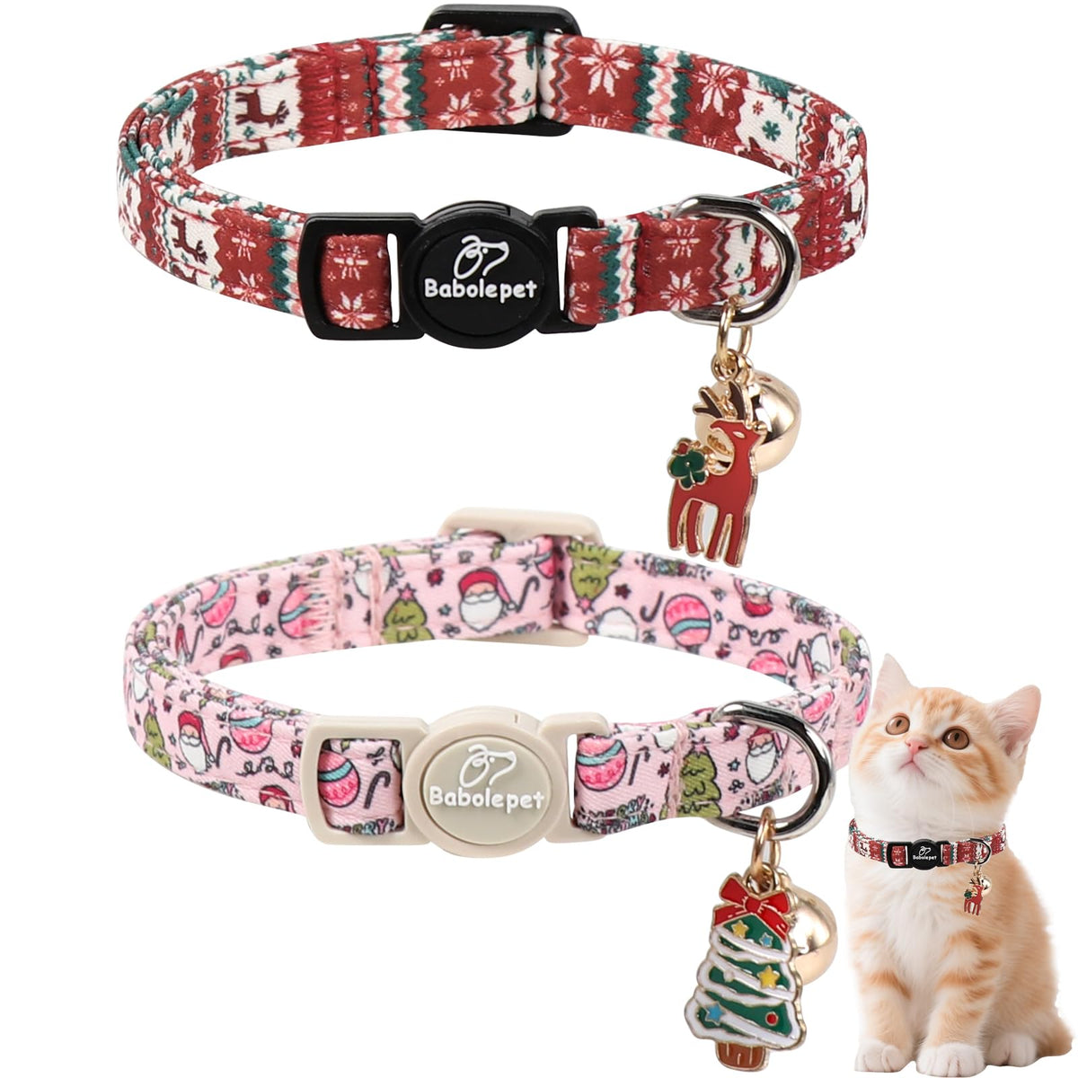 2 Pack Christmas Cat Collars - Breakaway Cat Collar with Bell, Christmas Tree and Reindeer Pendant, Winter Adjustable Kitten Collars for Girl Boy Cats, Pink Santa &Fair Isle