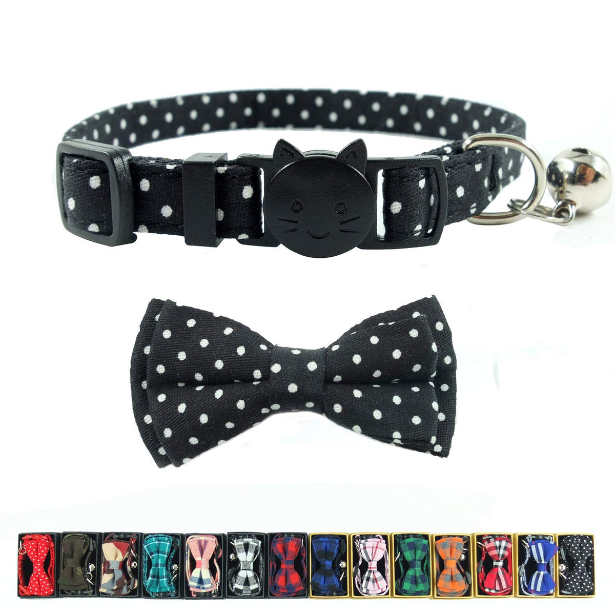 Cat Collar Breakaway with Bell and Bow Tie, Plaid Design Adjustable Safety Kitty Kitten Collars Set of 2 PCS (6.8-10.8in) (Green&Orange Plaid)