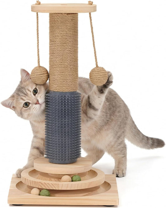 4-in-1 Solid Wood Cat Scratching Post with Self-Groomer, Medium Size