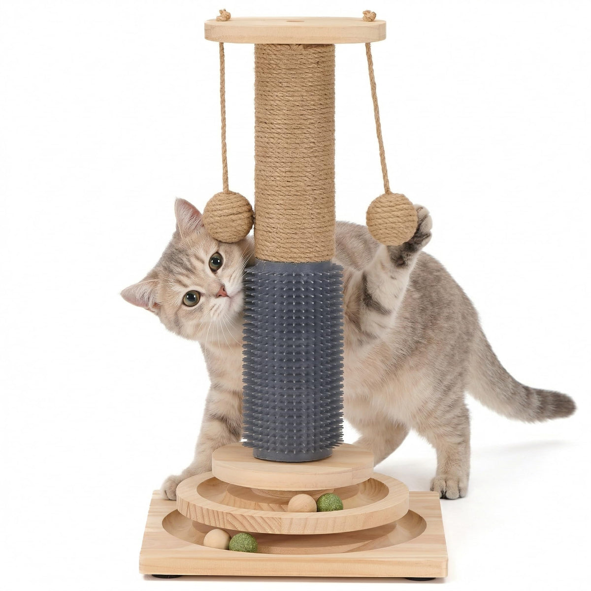 4-in-1 Solid Wood Cat Scratching Post with Self-Groomer, Medium Size