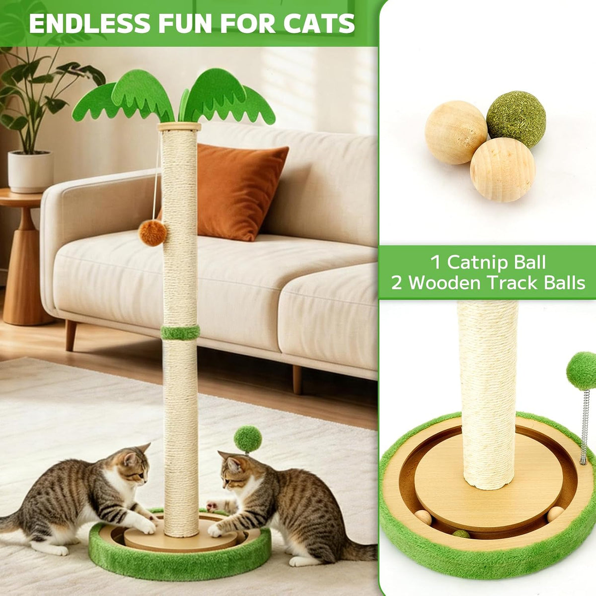 TIMIEEYA 32" Tall Cat Scratching Post - Cat Scratching Posts for Indoor Cats with Spring Ball, Interactive Wooden Track Ball for Kittens Adults Cats
