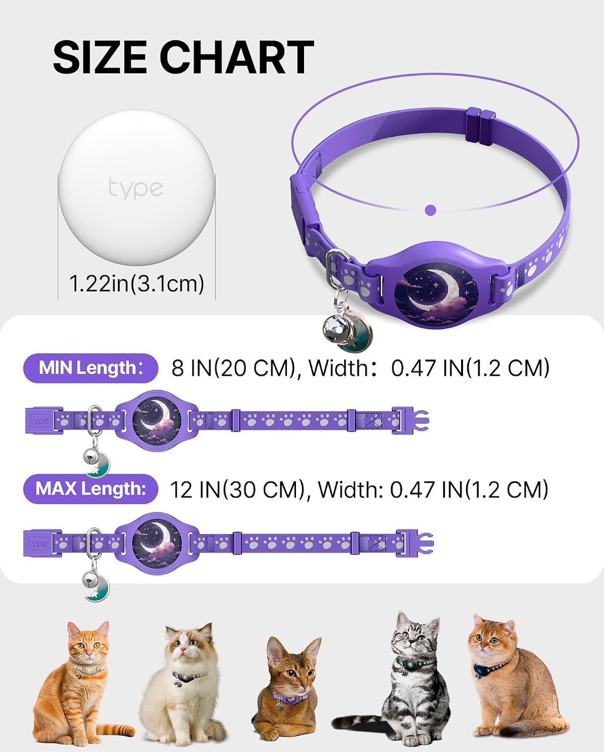 Cat Tracker Collar - Waterproof Airtag Cat Collar with Finder Tag, Purple