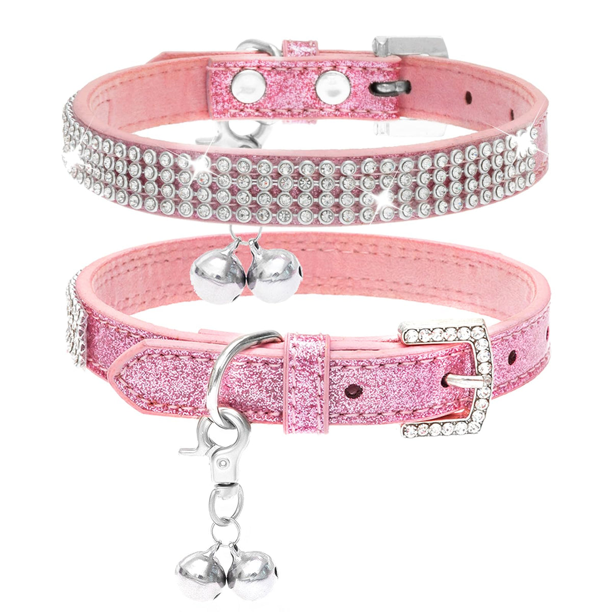PUPTECK Basic Adjustable Cat Collar with Bling Diamond and Double Bells, for Kitten and Small Puppy, Fashion and Shining Dog Rhinestone Collars, 8-10 in, Pink