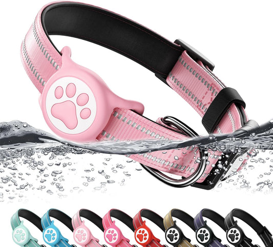 Premium Airtag Dog Collar，with IP68 Waterproof AirTag Holder,Pink,S