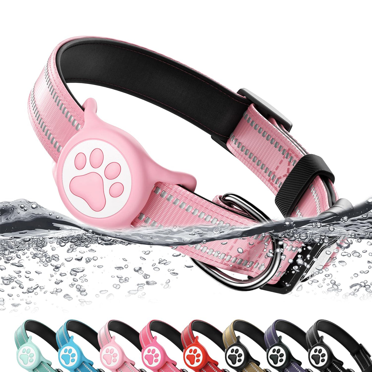 Premium Airtag Dog Collar，with IP68 Waterproof AirTag Holder,Pink,S