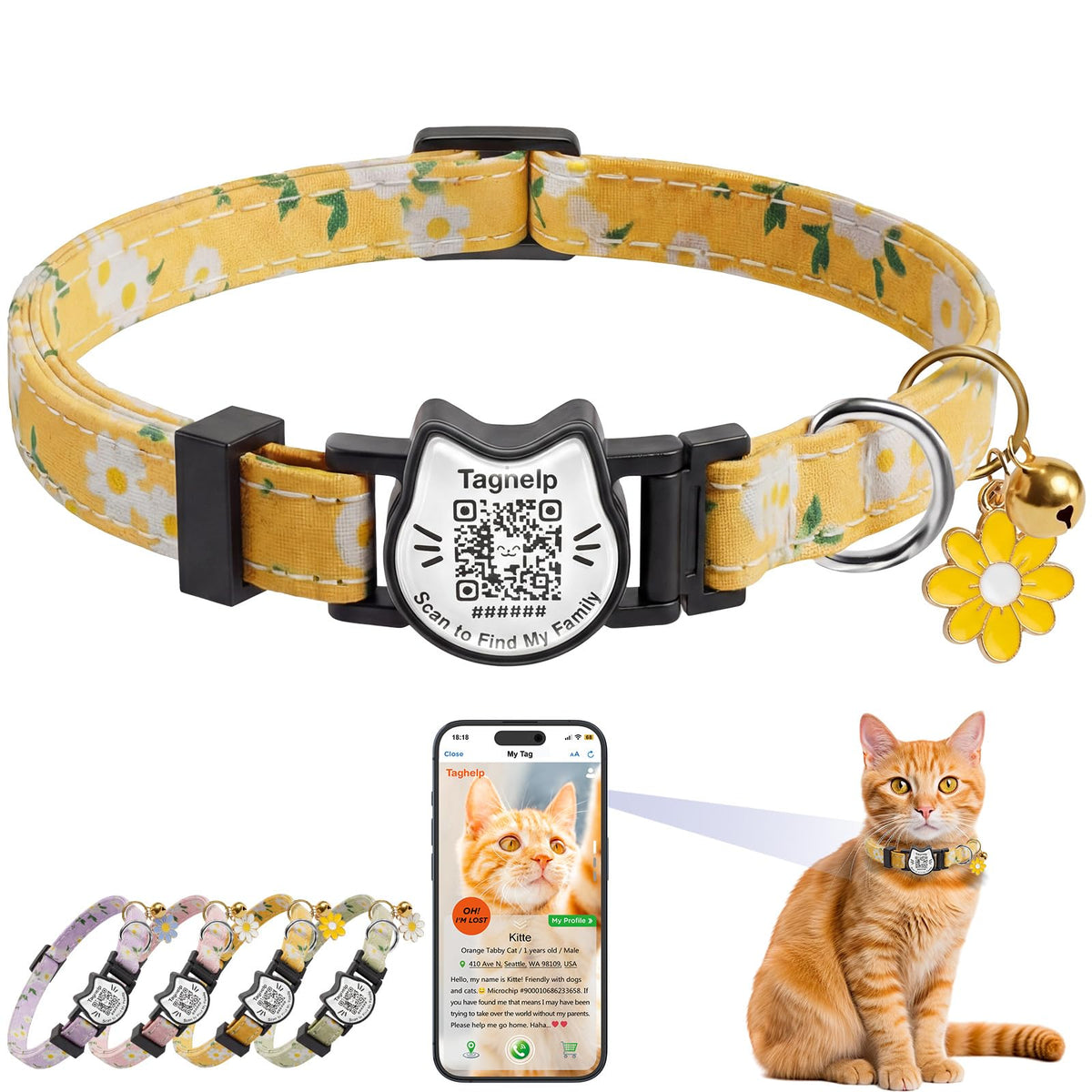 Breakaway Cat Collar with QR Code Tag and Bell (Black & Rose red)