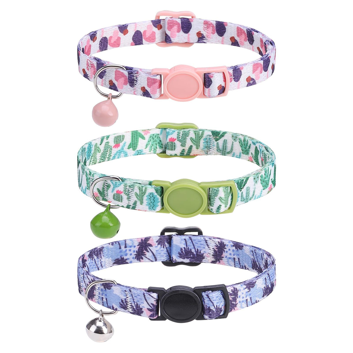 SCENEREAL Breakaway Cat Collar with Bells, 3 Pack Spring Pink Cats Collars with Safety Buckle, Soft Adjustable Cute Kitten Puppy Personalised Summer Collars for Dogs Girl Boy