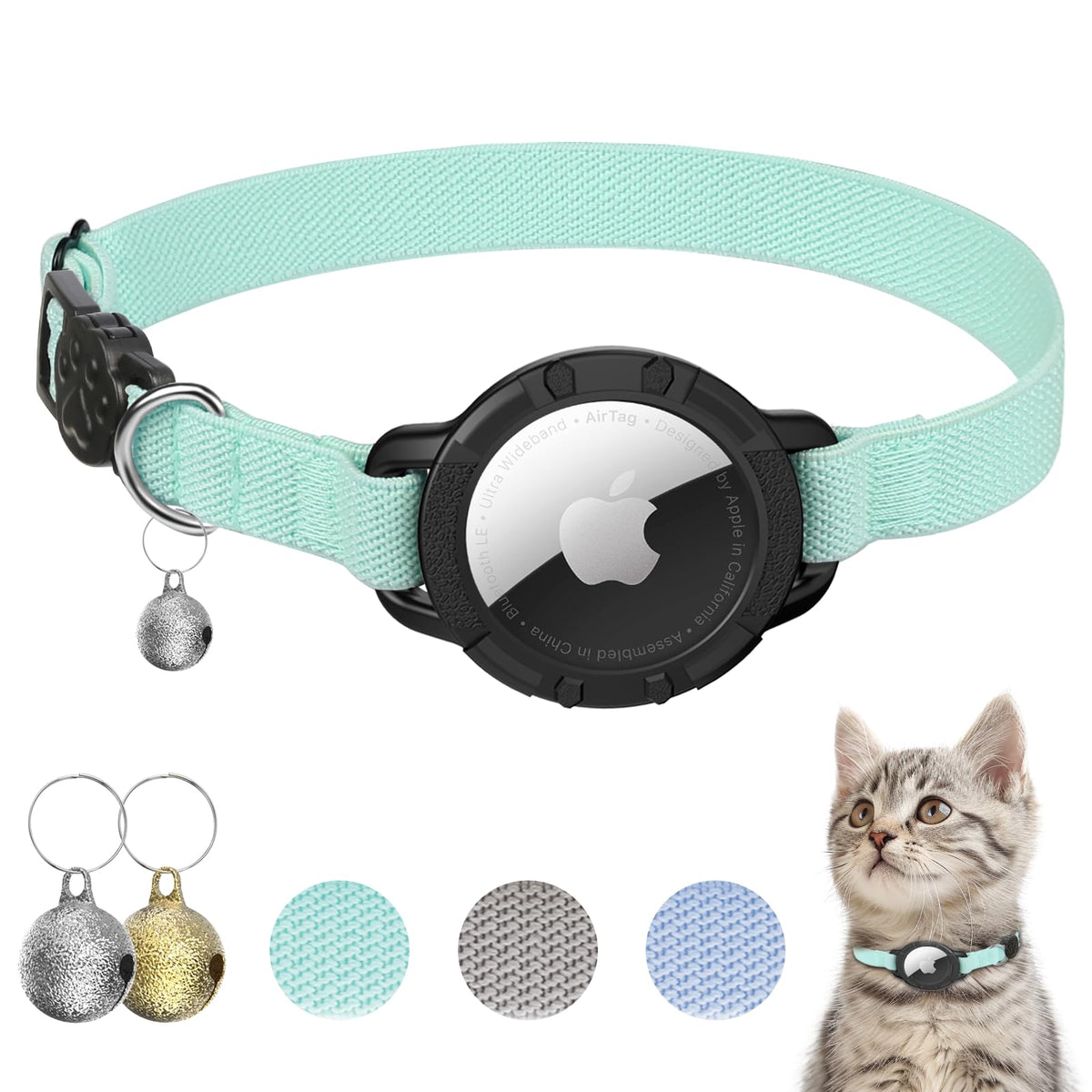 AirTag Cat Collars, Stretchy Collar with AirTag Holder and Bell