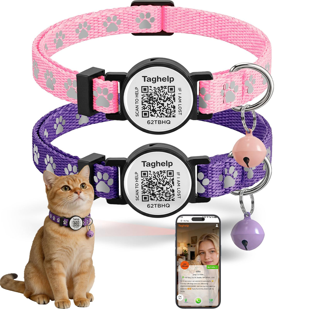 2 Pack QR Code Cat Collar with Instant Lost Pet Recovery System, Scan for Urgent Alerts & Location Info, Breakaway Reflective Collar with Safety Bell (Blue & Pink)