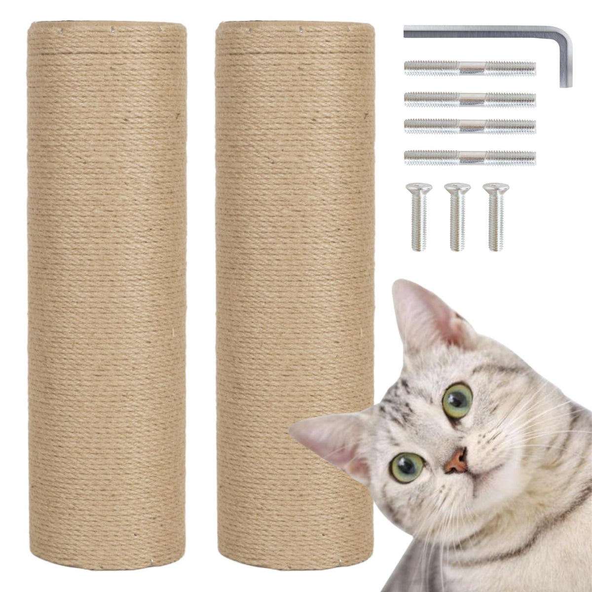 PowerKing Natural Sisal Replacement Scratching Post, 15.7'' 2 Pieces M8 Cat Scratch Post Refill Pole Parts for Refurbishment, Include Screws (White)