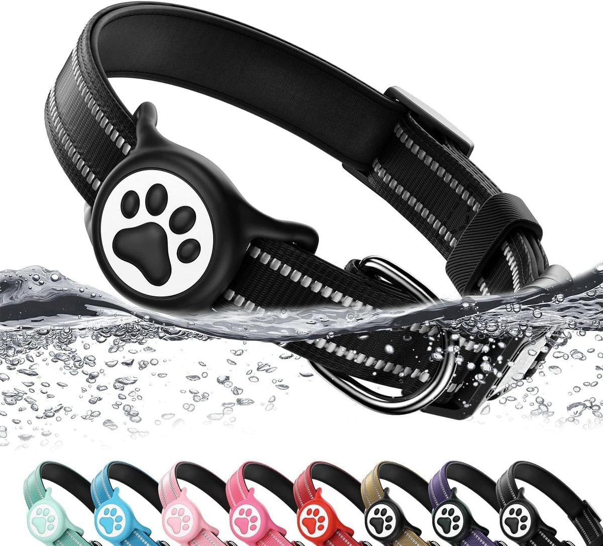 Premium Airtag Dog Collar，with IP68 Waterproof AirTag Holder,Pink,S