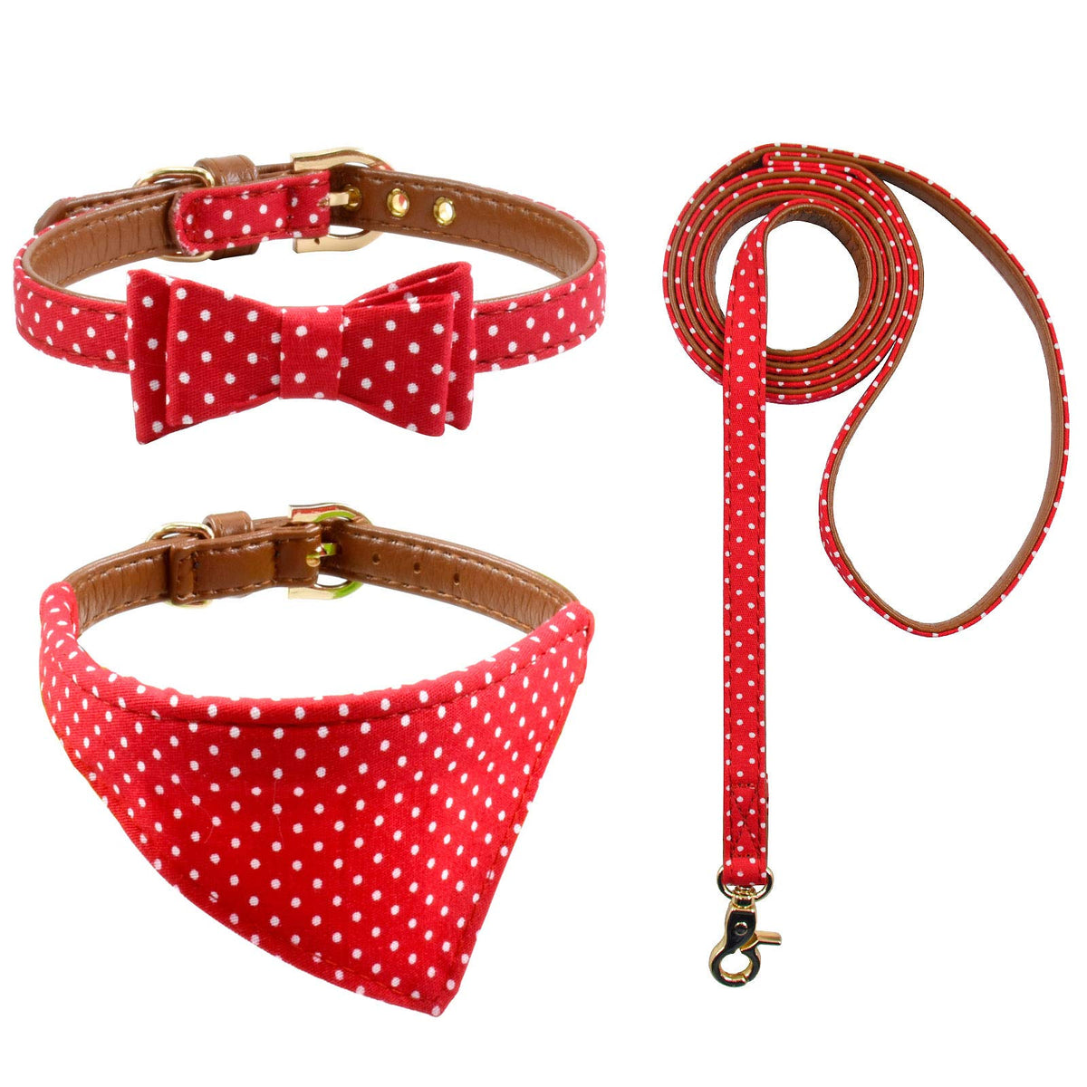 3PCS Bow Tie Dog Collar and Leash Set Plaid/Camo/Dots/Flower Dog Bandanas with Bell 3 Size Adjustable for Small Dogs Puppies and Cats (XS, Orange Plaid)