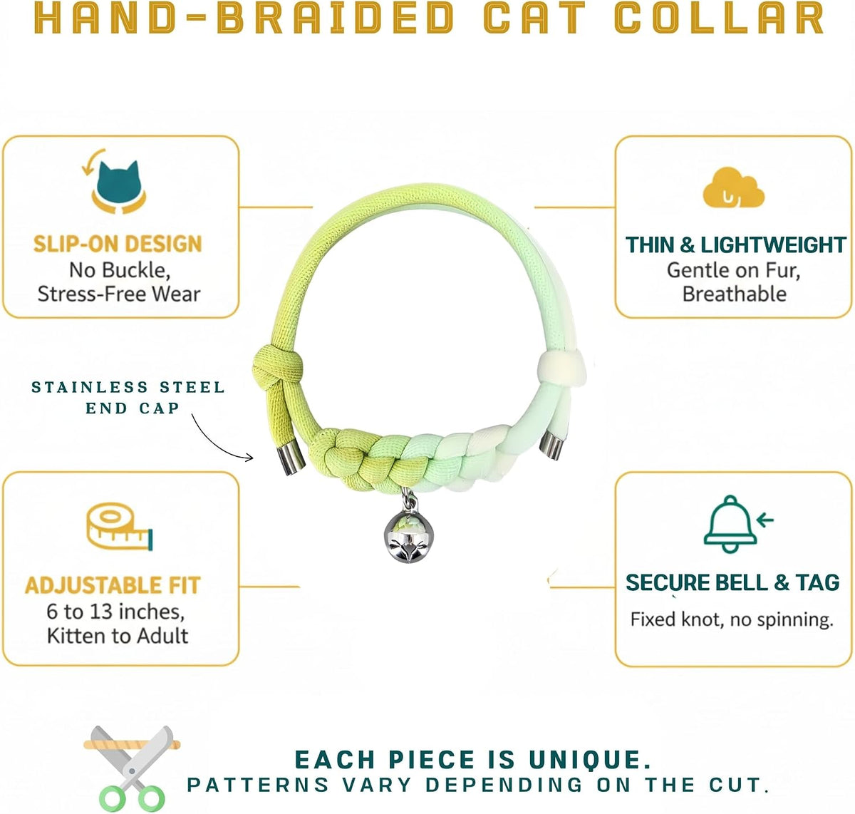 Cat Collar with Bell, Cute Adjustable Cotton Kitten Collar, Soft Lightweight Slip On Collar for Indoor Cats, Handmade in California (Green Ombre)