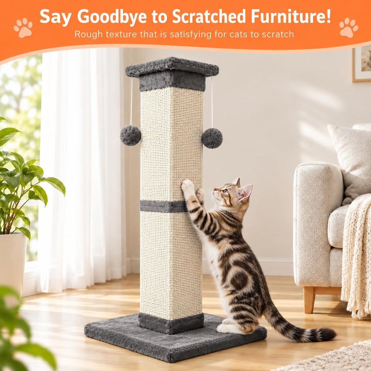 Cat Scratching Post 33 Inch Nature Sisal Scratch Post for Indoor Cats, Large Cat Scratcher Protect Your Furniture, for All Breeds Grey