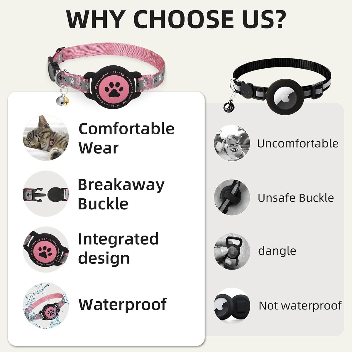 Waterproof Airtag Cat Collar, Breakaway Cat Airtag Collar with Bell