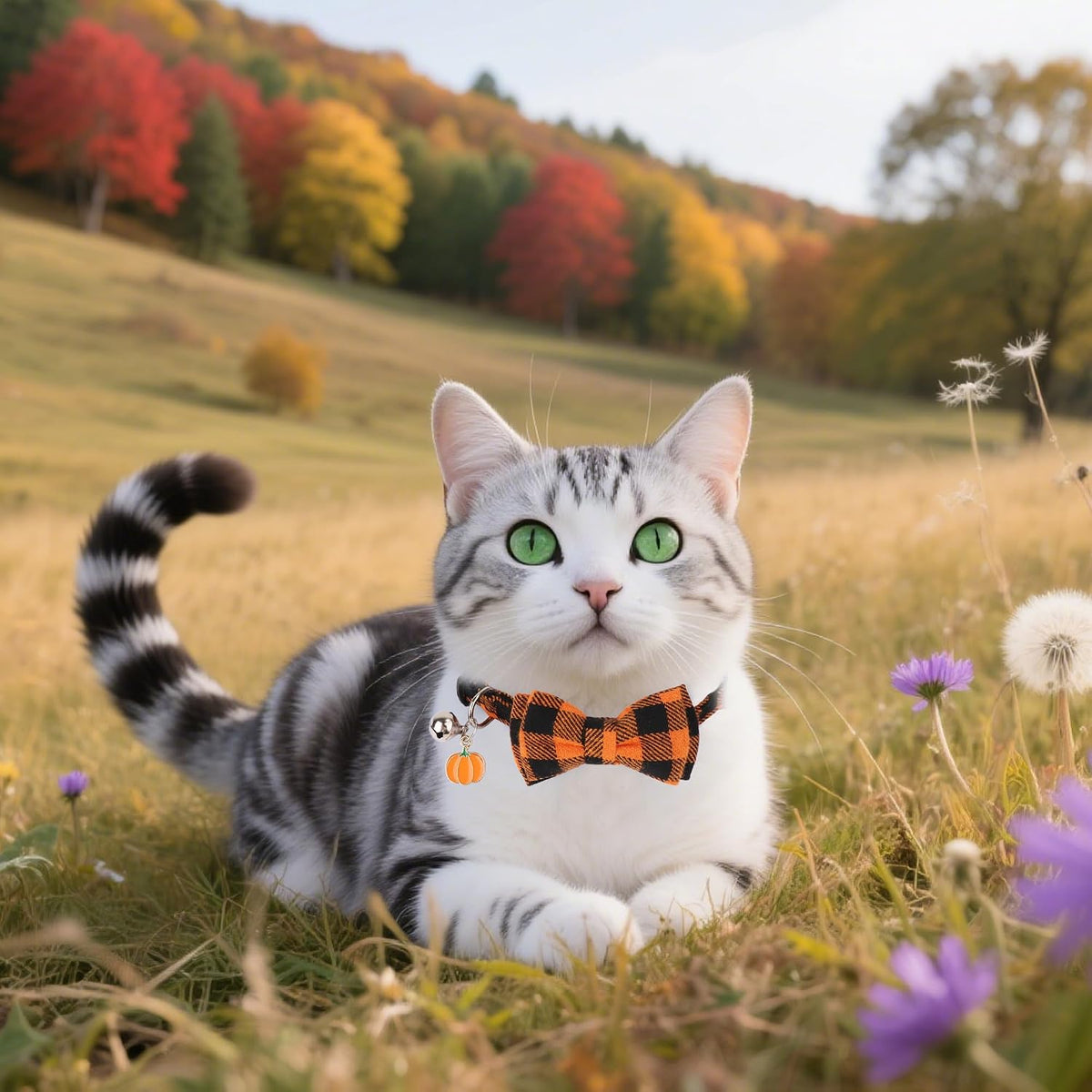 ADOGGYGO Fall Cat Collar Breakaway, Orange Plaid Thanksgiving Cat Bow Tie