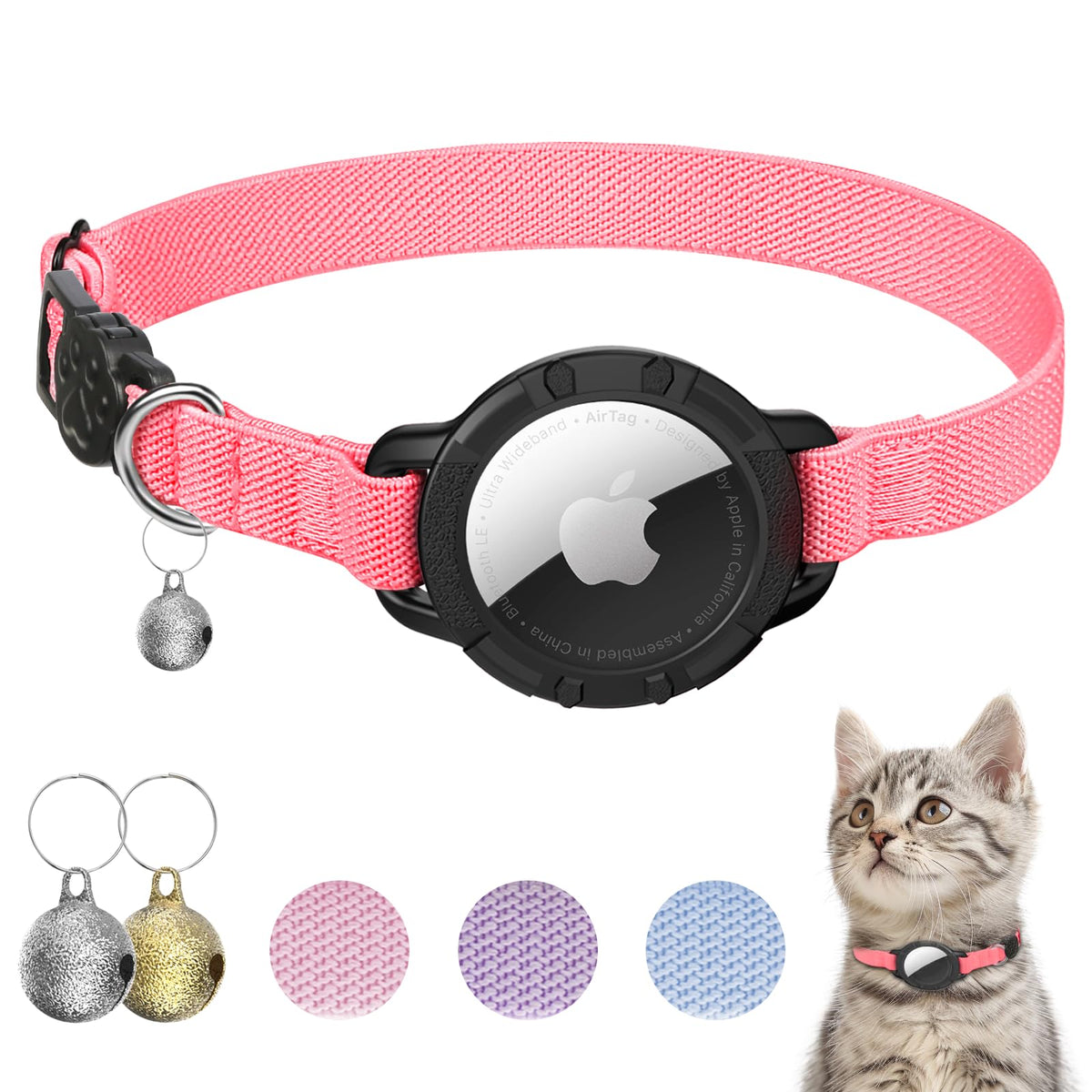 AirTag Cat Collars, Stretchy Collar with AirTag Holder and Bell