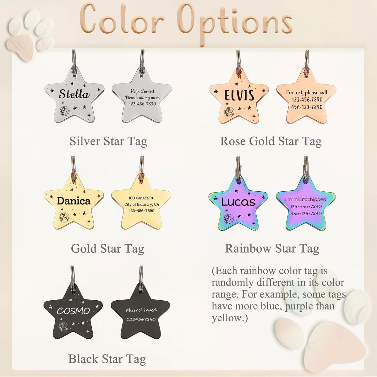 Anavia Starry Sky Theme Pet ID Tags in Half Moon & Star Shape, Personalized Dog Name Tag Cat Tag, Glossy Stainless Steel Gold Plated Black Rainbow Dog Collar Tag (Medium, Star Shape, Black)