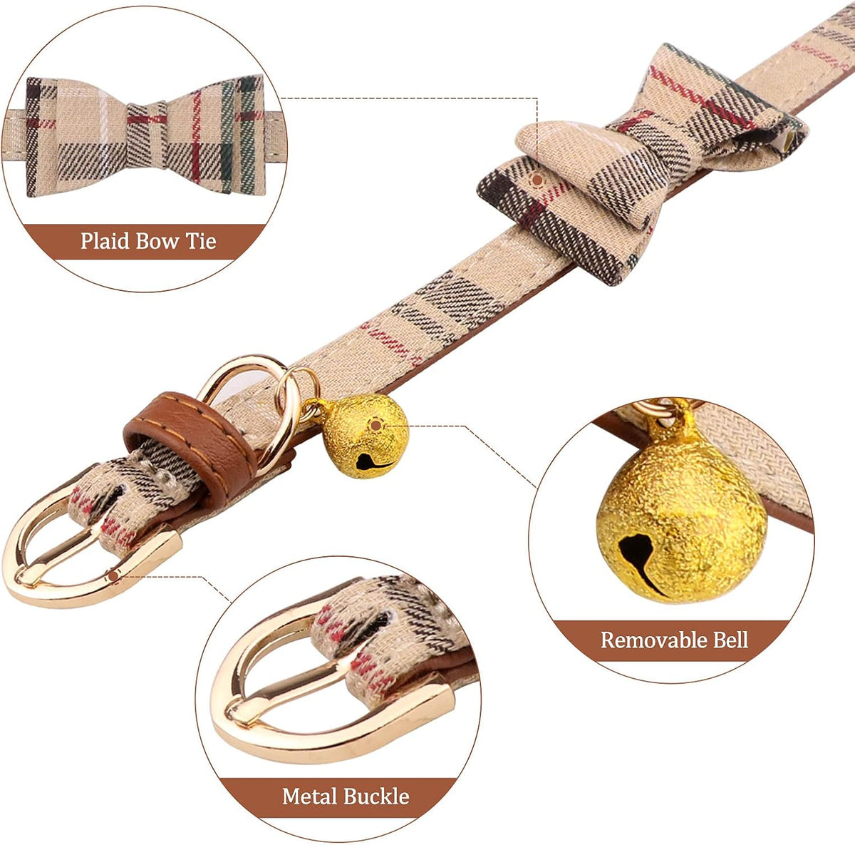 3 PCS Dog Collars for Small Puppy Collar and Leash Set, Bow Tie with Bell, Bandana Leather for Small Dogs Puppies and Cats(Beige)