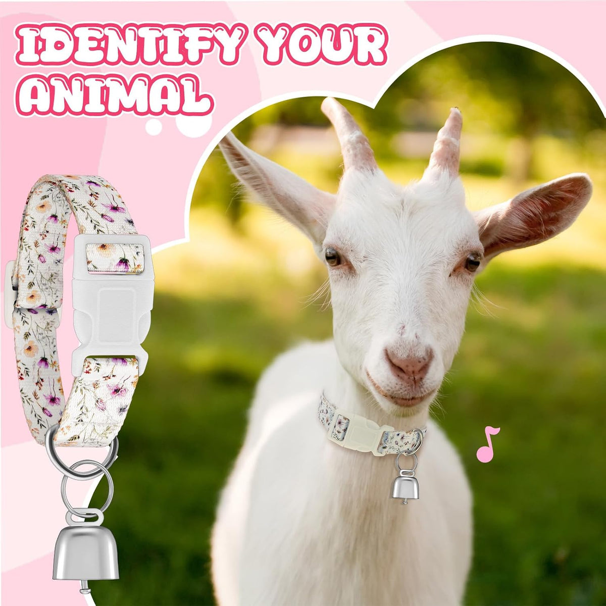 2 Pack Floral Goat Collars with Bells, White Pink Girly Pattern for Lambs