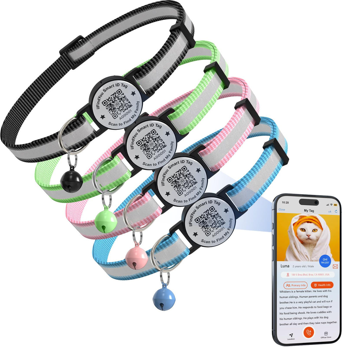 Cat Collar Breakaway QR Code, Reflective cat Collar with Bells, 3-Pack