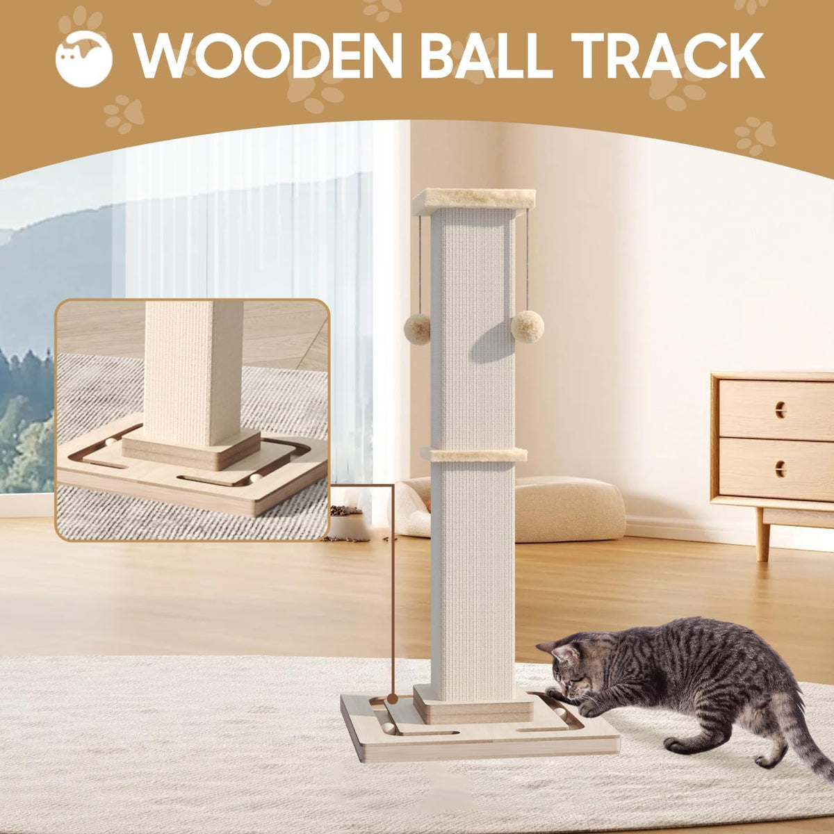 32" Large Cat Scratching Post with Tracking Interactive Toys for Cats