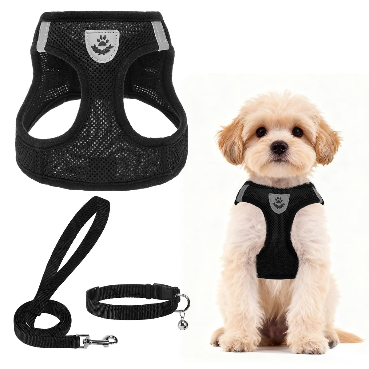 PUPTECK Adjustable Pet Harness Collar &Leash Set Step in for Small Dogs Puppy &Cats Outdoor Training &Running, Soft Mesh Padded Reflective Vest Harness,M: Chest girth: 16-18in Collar: 11.8-15.7in