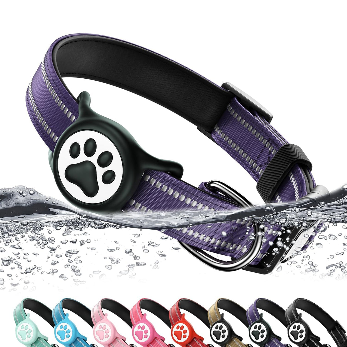 Premium Airtag Dog Collar，with IP68 Waterproof AirTag Holder,Pink,S