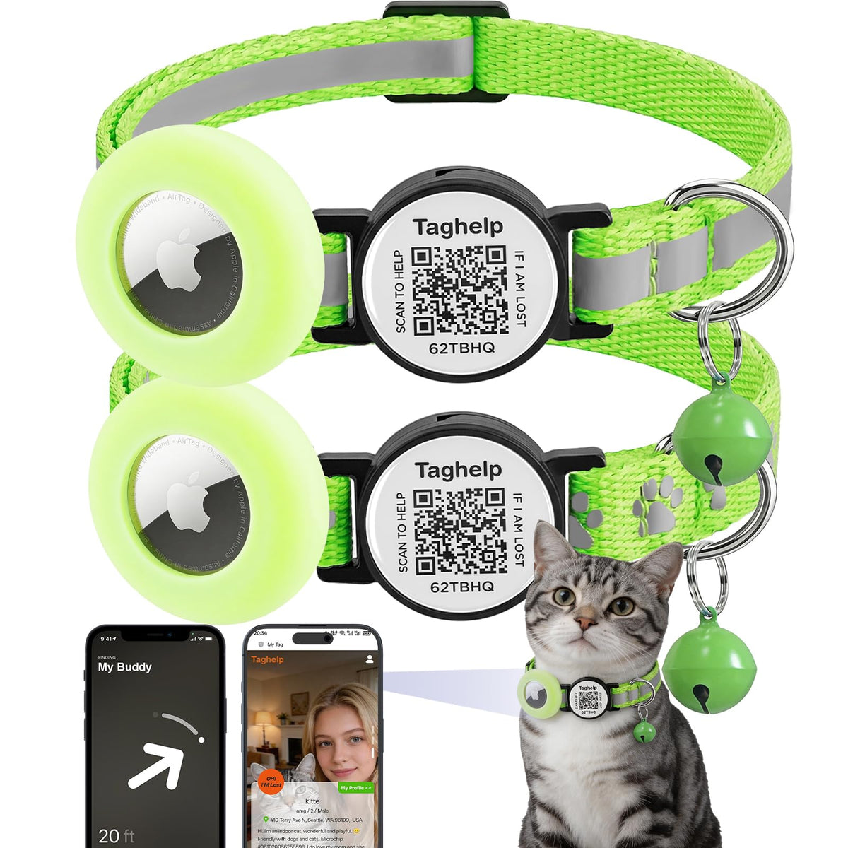 2 Pack Airtag Cat Collar, Breakaway Cat Airtag with Smart ID tag & QR Code Reflective (Moon Stars - Black & Pink, with Integrated AirTag Holder)