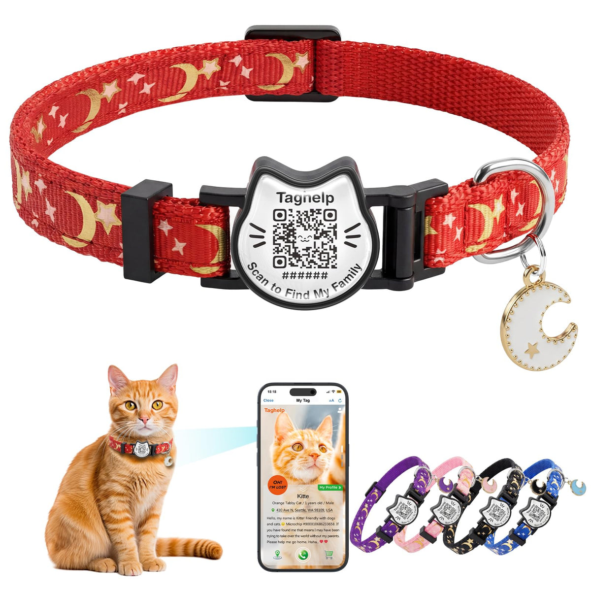 Breakaway Cat Collar with QR Code Tag and Bell (Black & Rose red)