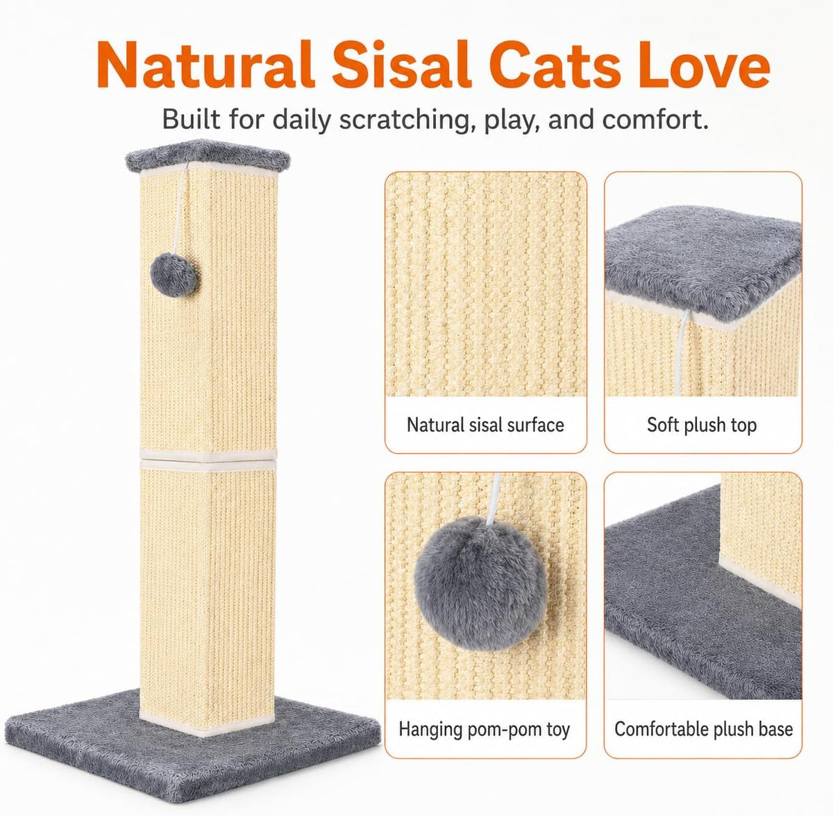 Cat Scratching Post for Indoor Cat, 32 Inch Large Cat Scratcher Grey