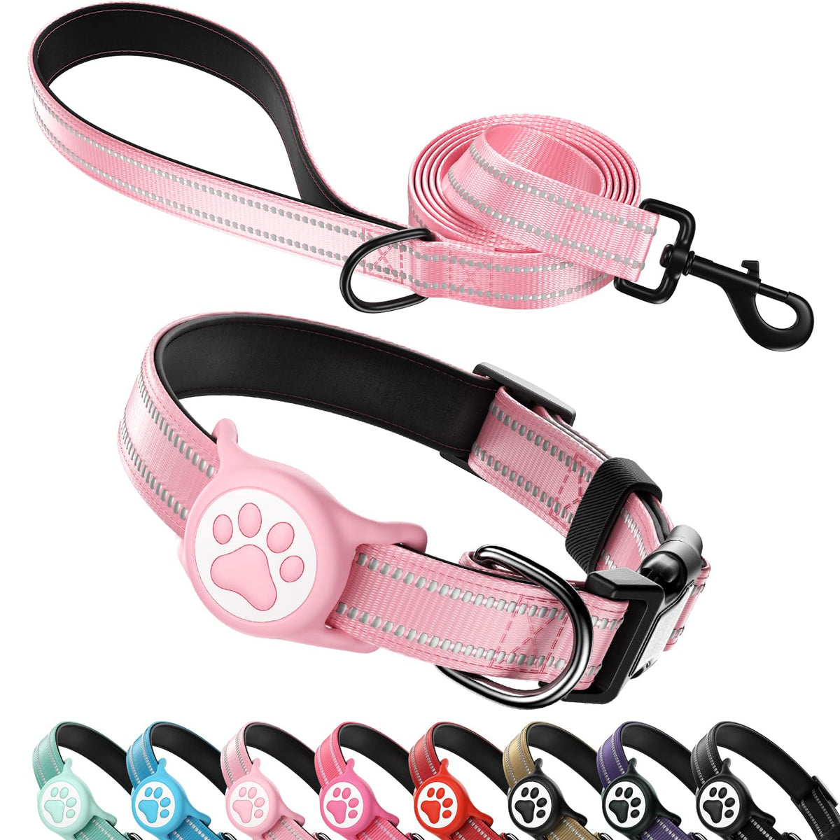 Premium Airtag Dog Collar，with IP68 Waterproof AirTag Holder,Pink,S