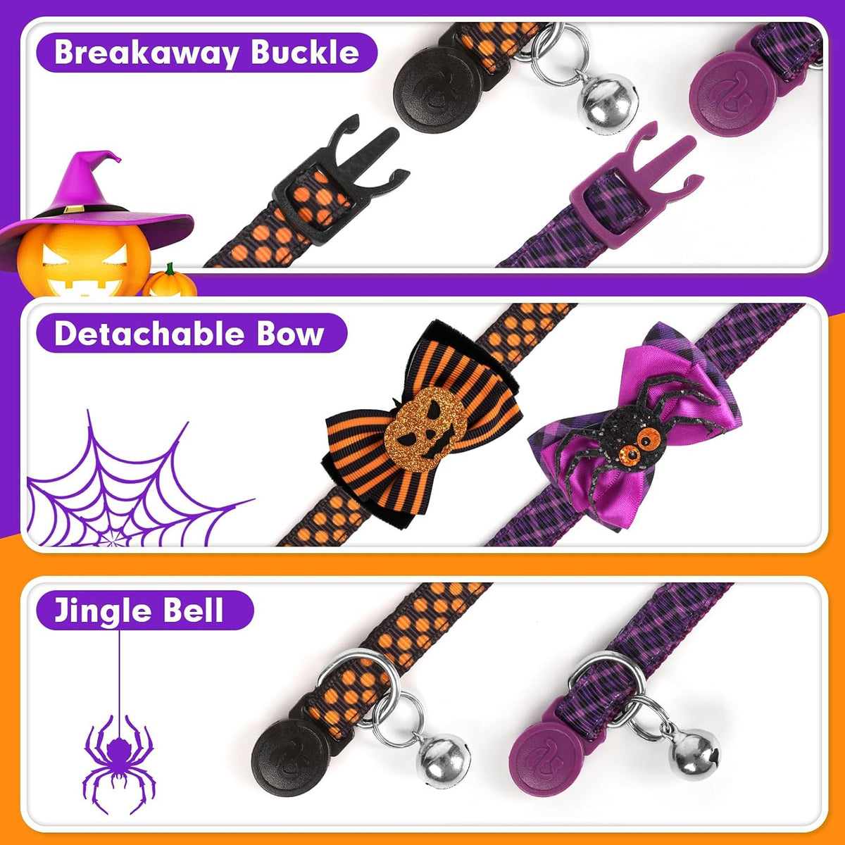 azuza 2 Pack Halloween Cat Collars with Bell, Pumpkin Spider Bowtie Design