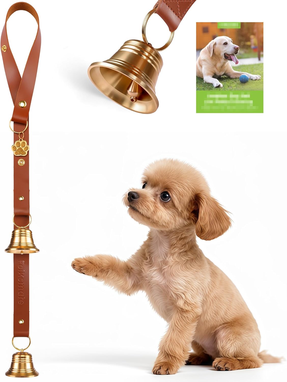 FOLKSMATE Leather Dog Door Bells for Potty Training, Nail-Safe Puppy Dog Door Bells Extra Loud for Dogs Training, Housebreaking, Door Knob, Dog Bell to Ring to Go Outside Puppy Pet Supplies Leather