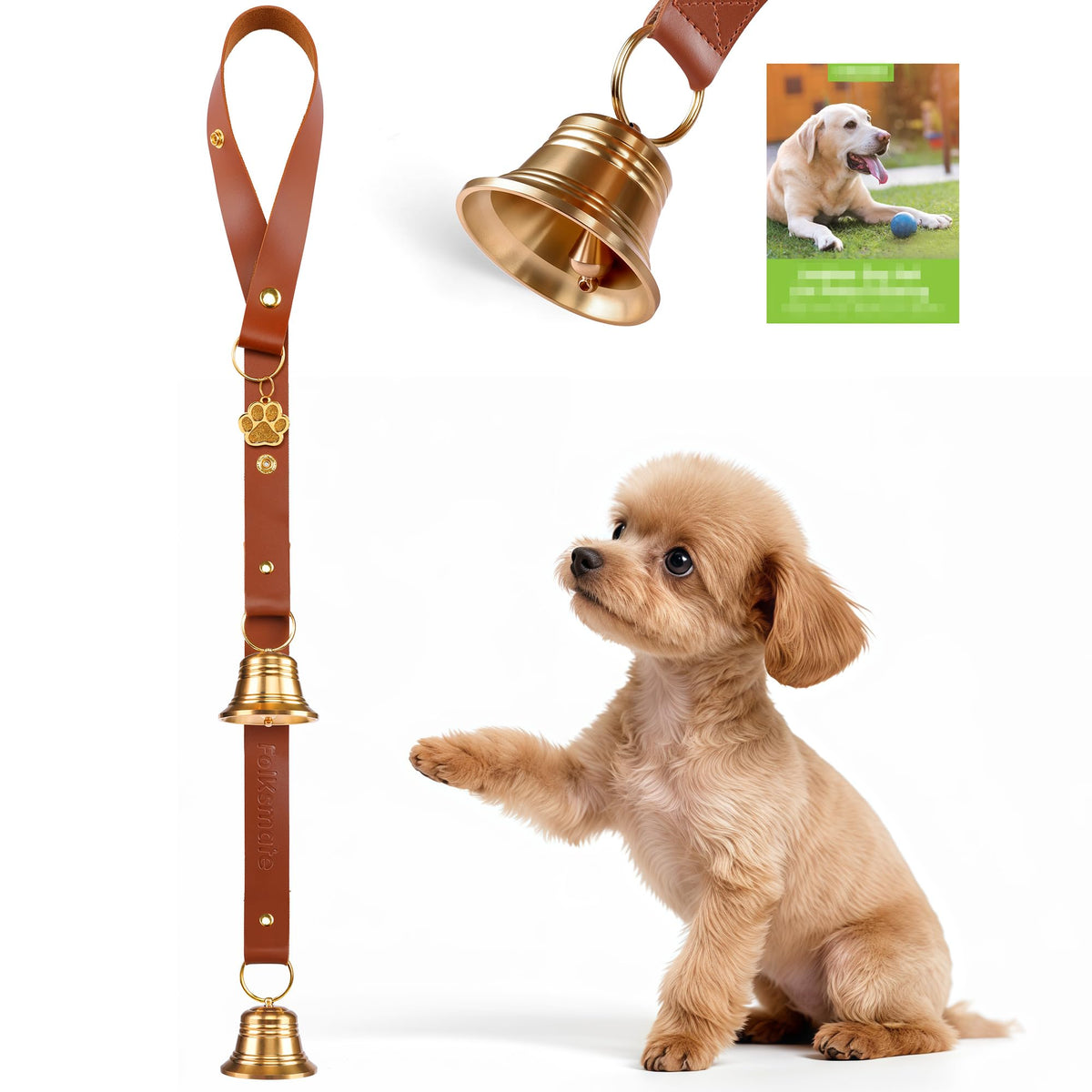 FOLKSMATE Leather Dog Door Bells for Potty Training, Nail-Safe Puppy Dog Door Bells Extra Loud for Dogs Training, Housebreaking, Door Knob, Dog Bell to Ring to Go Outside Puppy Pet Supplies Leather