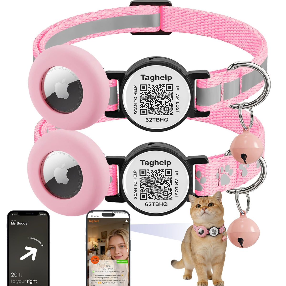 2 Pack Airtag Cat Collar, Breakaway Cat Airtag with Smart ID tag & QR Code Reflective (Moon Stars - Black & Pink, with Integrated AirTag Holder)