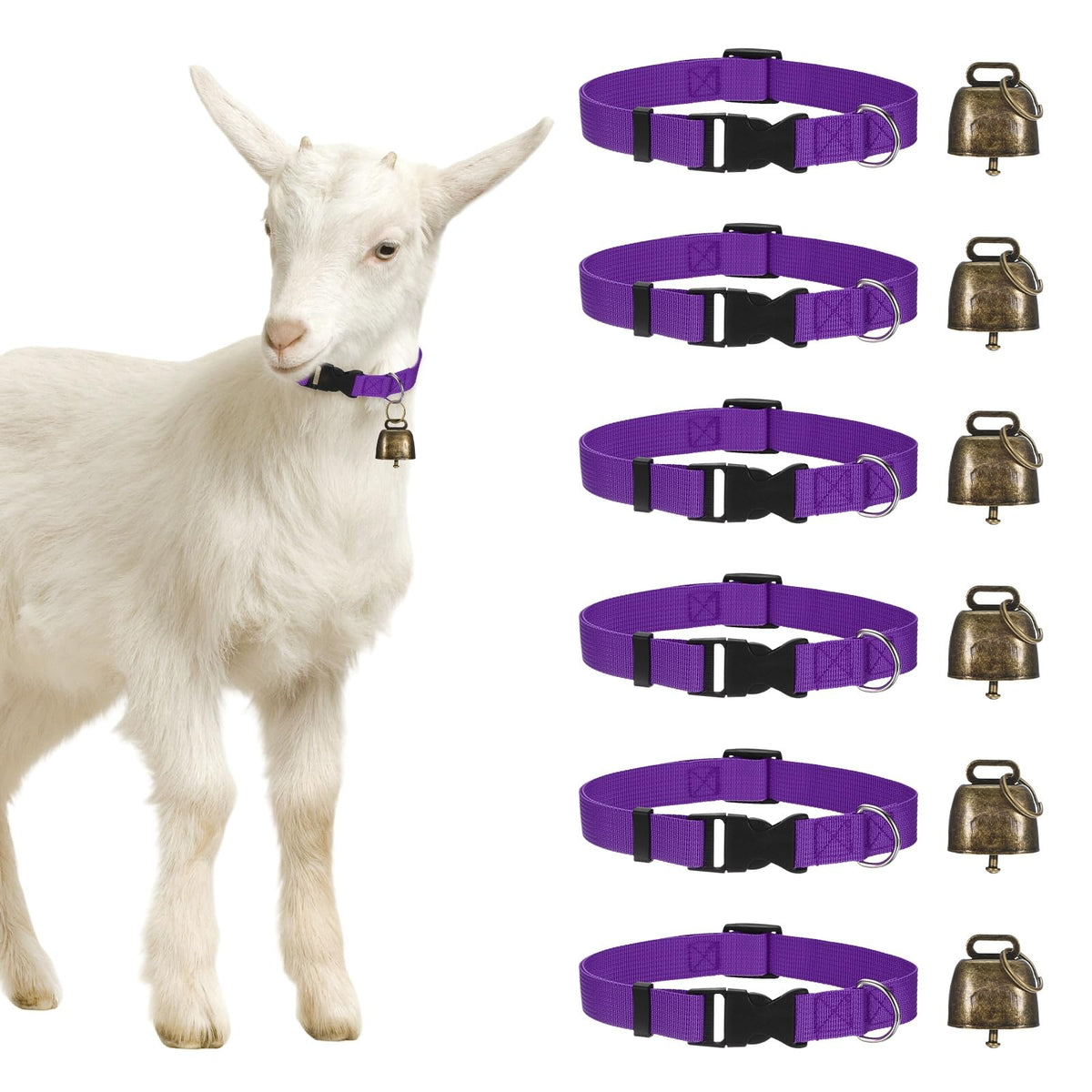 M METERXITY 6-Pack Goat Collars with Bells, 13.8"-20.5" Polyester Adjustable Pet Collar with Anti-Lost Grazing Copper Bell for Small Farm Animal/Sheep/Cow/Goat [Black]