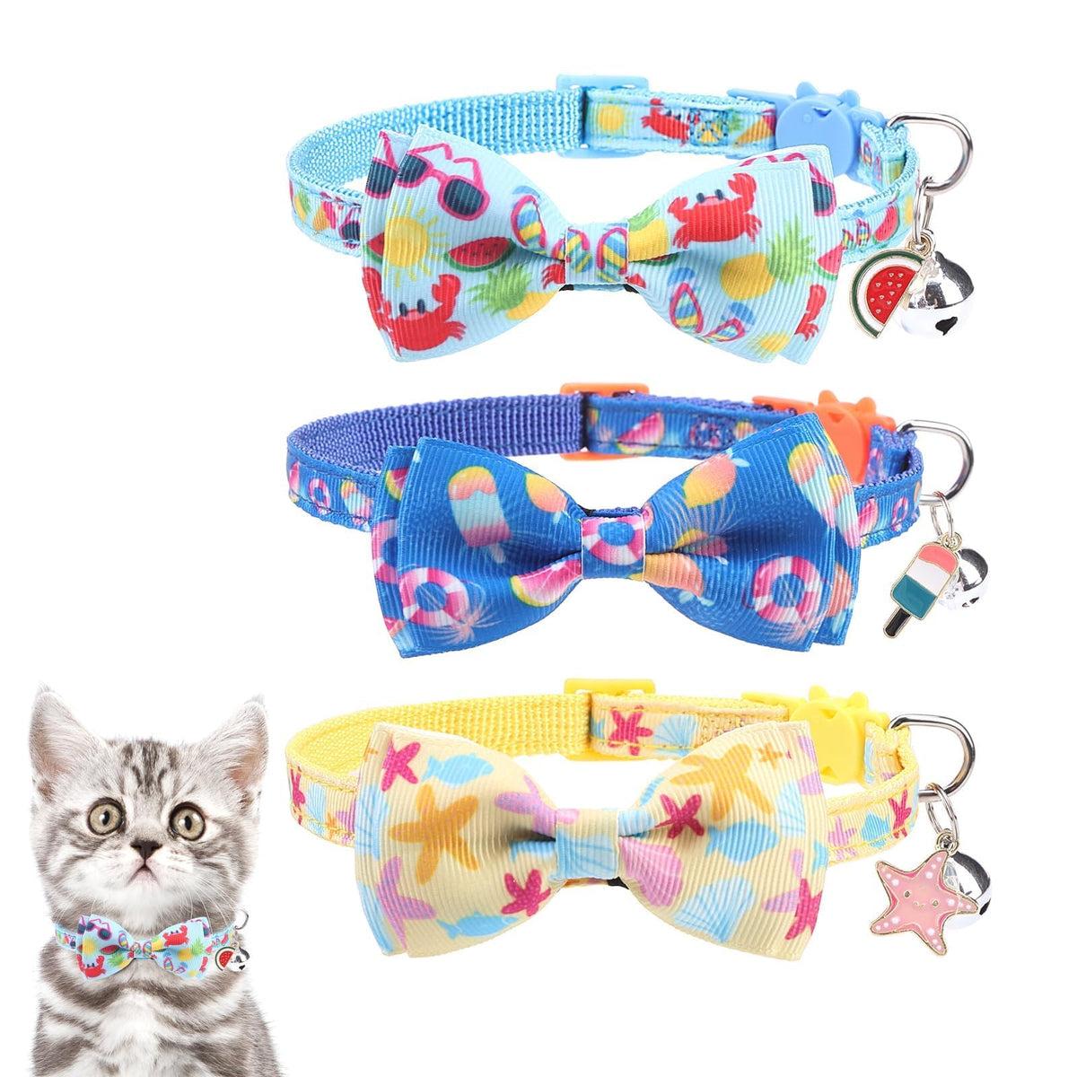 KOOLTAIL Glow in The Dark Cat Collar Breakaway with Bells,6 Pack Moonlight Cute Kitten Collars, Personalized Reflective Safety Buckle Stars&Moon Charm Pet Collars for Kitty Boys Girls, Pink Purple