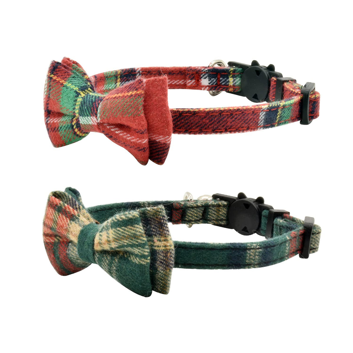 Cat Collar Breakaway with Bell and Bow Tie, Plaid Design Adjustable Safety Kitty Kitten Collars Set of 2 PCS (6.8-10.8in) (Green&Orange Plaid)
